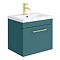 Arezzo 500 Matt Green Wall Hung 1-Drawer Vanity Unit with Brushed Brass Handle Large Image