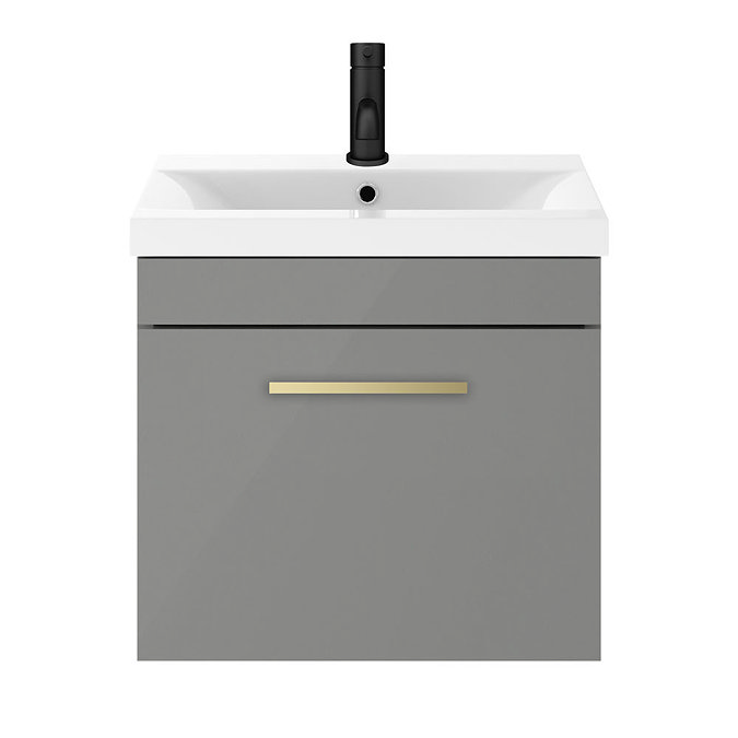 Arezzo 500 Matt Grey Wall Hung 1-Drawer Vanity Unit with Brushed Brass Handle Standard Large Image