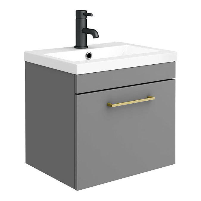 Arezzo 500 Matt Grey Wall Hung 1-Drawer Vanity Unit with Brushed Brass Handle Large Image
