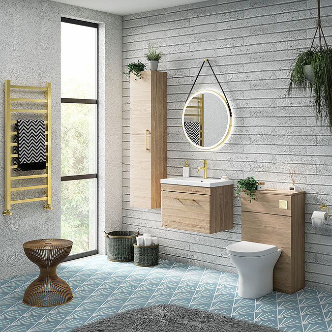 Arezzo 500 Rustic Oak WC Unit with Cistern, Brushed Brass Flush + Modern Pan