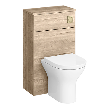 Arezzo 500 Rustic Oak WC Unit with Cistern, Brushed Brass Flush + Modern Pan