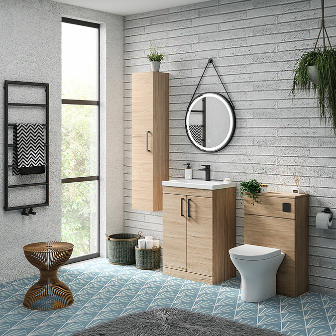 Arezzo 500 Rustic Oak WC Unit with Cistern, Matt Black Flush + Modern Pan