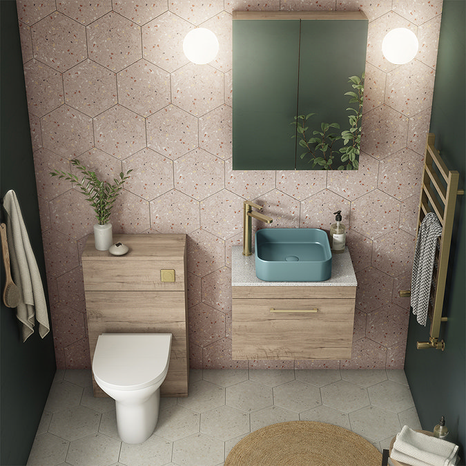Arezzo 500 Rustic Oak WC Unit with Cistern + Modern Pan  In Bathroom Large Image