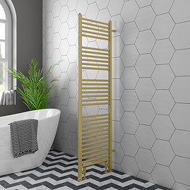 Arezzo 500 x 1800mm Floor Standing Space-Saving Heated Towel Rail – Brushed Brass