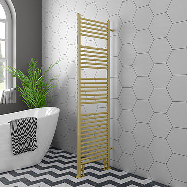 Arezzo 500 x 1800mm Floor Standing Space-Saving Heated Towel Rail – Brushed Brass