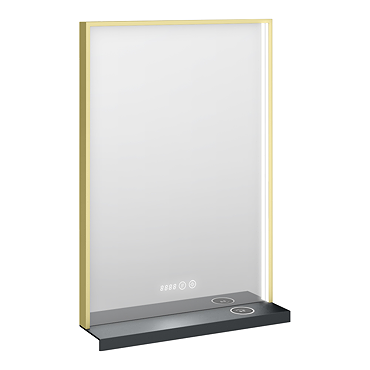 Arezzo 500 x 700 Brushed Brass LED Mirror with Wireless Charging Shelf, Anti-Fog, Touch Sensor and Time Display