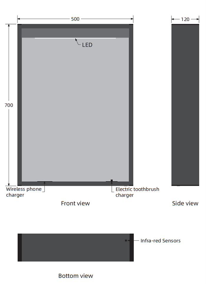 Arezzo 500 x 700 Matt Black LED Mirror with Motion Sensor, Wireless Mobile Charger, Toothbrush Charger and Anti-Fog