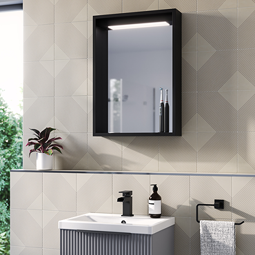 Arezzo 500 x 700 Matt Black LED Mirror with Motion Sensor, Wireless Mobile Charger, Toothbrush Charger and Anti-Fog