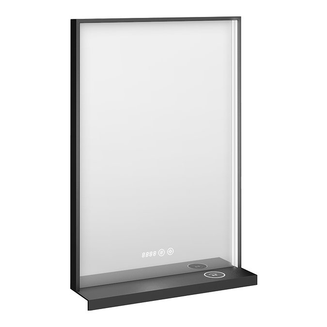 Arezzo 500 x 700 Matt Black LED Mirror with Wireless Charging Shelf, Anti-Fog, Touch Sensor and Time Display