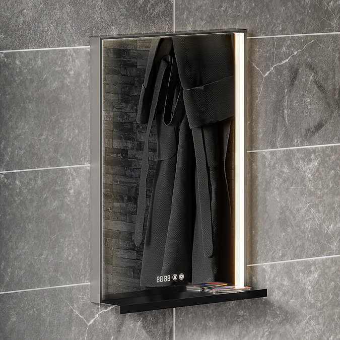 Arezzo 500 x 700 Silver LED Mirror with Wireless Charging Shelf, Anti-Fog, Touch Sensor and Time Display
