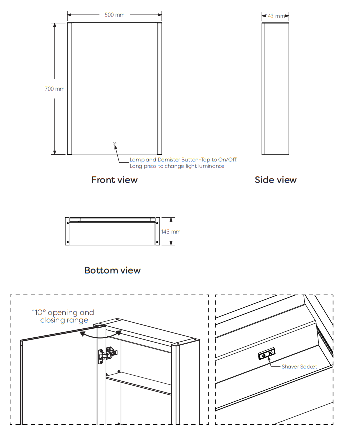 Arezzo 500x700mm LED Illuminated Mirror Cabinet incl. Anti-Fog, Dimmer, Touch Sensor and Shaver Socket