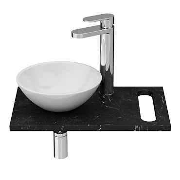 Arezzo 500mm Black Carrara Marble Floating Shelf with Towel Rail and Round Gloss White Basin