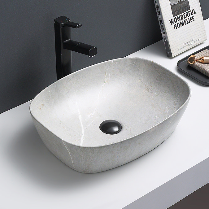 Arezzo 505 x 385mm Curved Rectangular Counter Top Basin - Light Grey Marble Effect  Profile Large Im