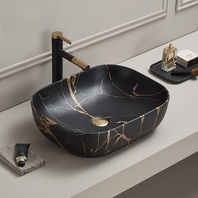 Arezzo 505 x 404mm Rectangular Counter Top Basin - Matt Black & Gold Marble Effect  Profile Large Im