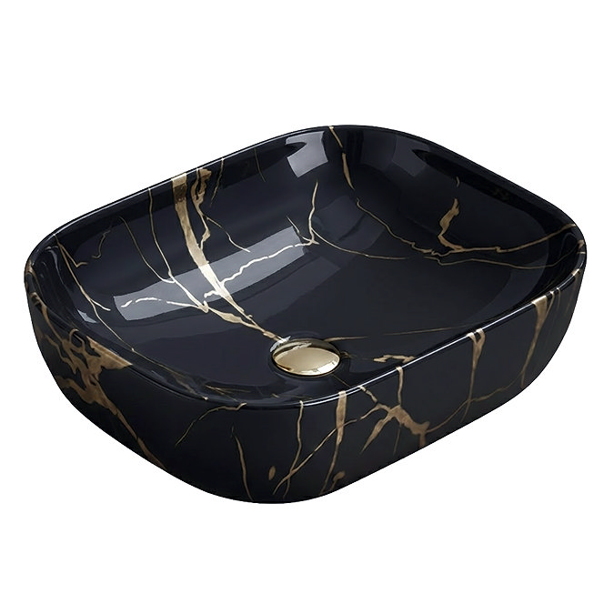 Arezzo 505 x 404mm Rectangular Counter Top Basin - Gloss Black & Gold Marble Effect