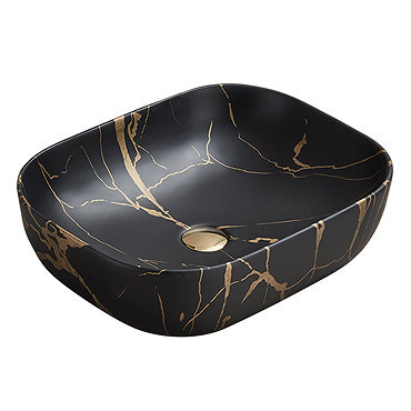 Arezzo 505 x 404mm Rectangular Counter Top Basin - Matt Black & Gold Marble Effect  Profile Large Im
