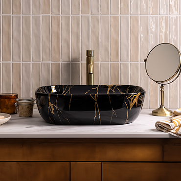 Arezzo 505 x 404mm Rectangular Counter Top Basin - Gloss Black & Gold Marble Effect