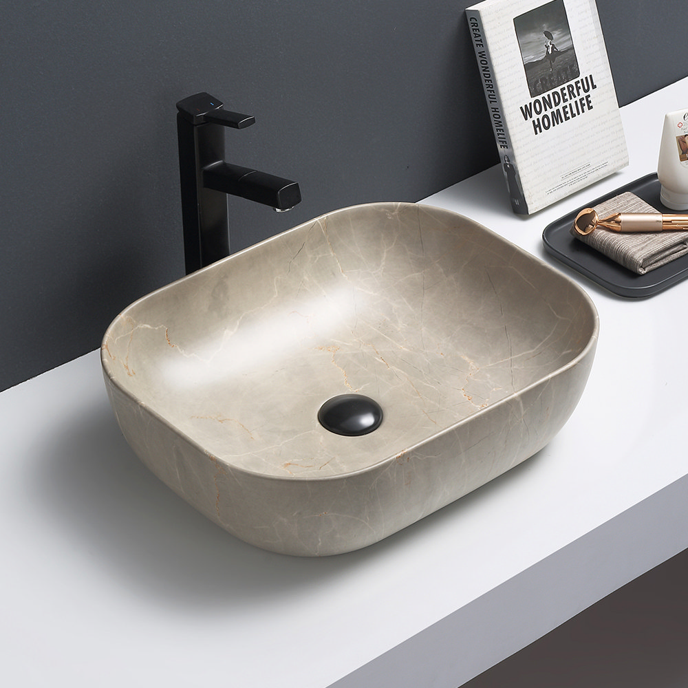 Arezzo 505 x 405mm Curved Rectangular Counter Top Basin - Beige Marble Effect  Profile Large Image