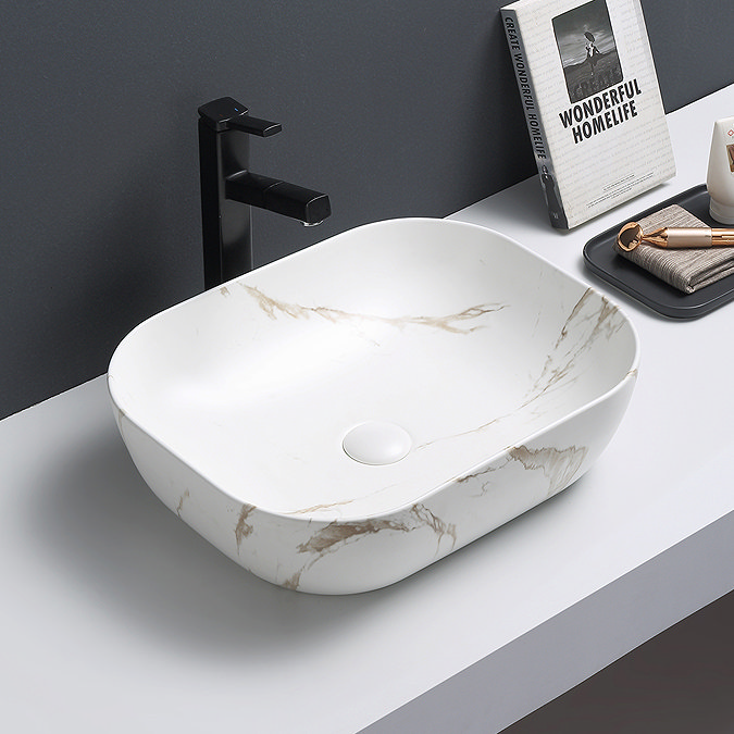 Arezzo 505 x 405mm Curved Rectangular Counter Top Basin - Matt White Marble Effect Profile Large Im