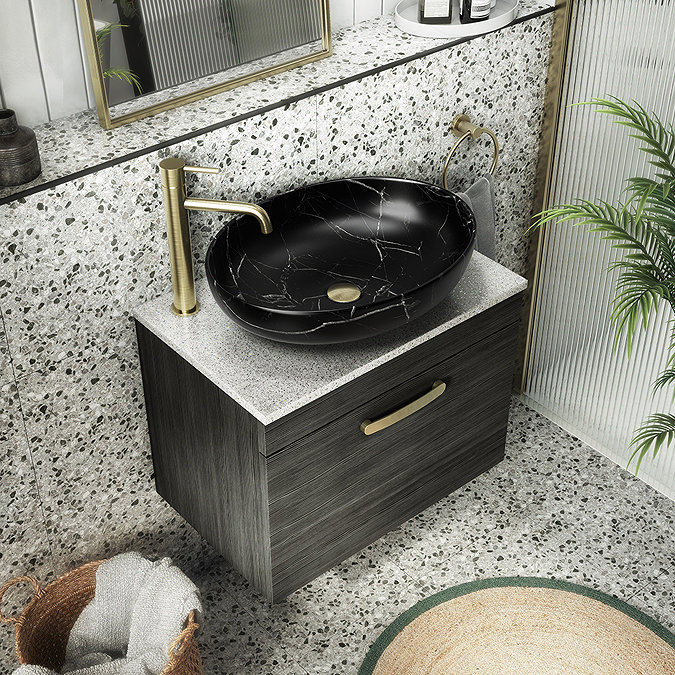 Arezzo 520 x 395mm Curved Oval Counter Top Basin - Matt Black Marble Effect  In Bathroom Large Image