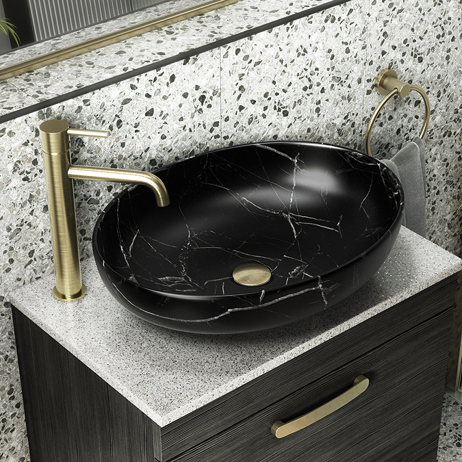 Arezzo 520 x 395mm Curved Oval Counter Top Basin - Matt Black Marble Effect Large Image