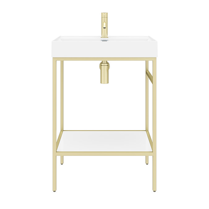 Arezzo 600 Brushed Brass Framed Washstand with Gloss White Open Shelf and Basin  In Bathroom Large Image