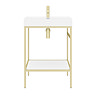 Arezzo 600 Brushed Brass Framed Washstand with Gloss White Open Shelf and Basin  In Bathroom Large Image