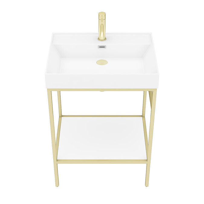 Arezzo 600 Brushed Brass Framed Washstand with Gloss White Open Shelf and Basin  additional Large Image