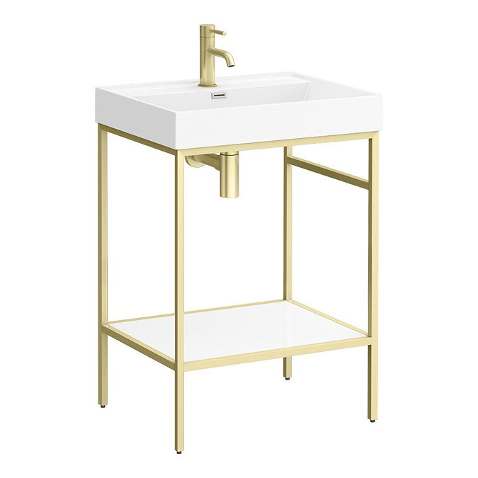 Arezzo 600 Brushed Brass Framed Washstand with Gloss White Open Shelf and Basin  Feature Large Image