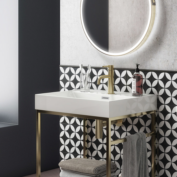 Arezzo 600 Brushed Brass Framed Washstand with Gloss White Open Shelf and Basin  Standard Large Imag