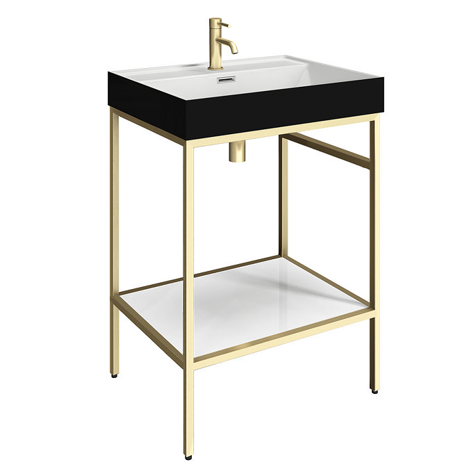 Arezzo 600 Brushed Brass Framed Washstand with Gloss White Open Shelf and Gloss Black Basin  Profile