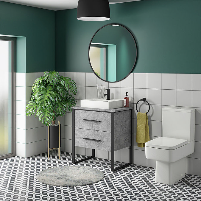 Arezzo 600 Concrete-Effect Matt Black Framed Vanity Unit + Square Toilet Large Image