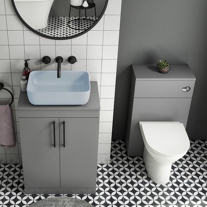 Arezzo 600 Grey Floor Standing Unit with Blue Rectangular Counter Top Basin + Toilet Pack Large Imag