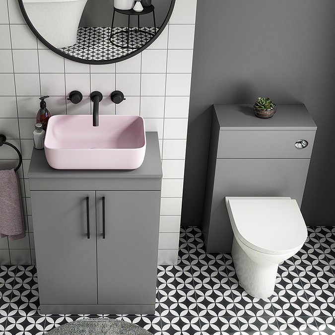 Arezzo 600 Grey Floor Standing Unit with Pink Rectangular Counter Top Basin + Toilet Pack Large Imag