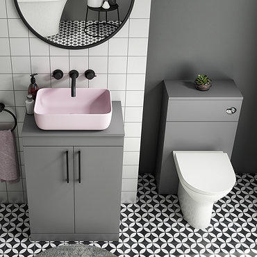 Arezzo 600 Grey Floor Standing Unit with Pink Rectangular Counter Top Basin + Toilet Pack  Profile L