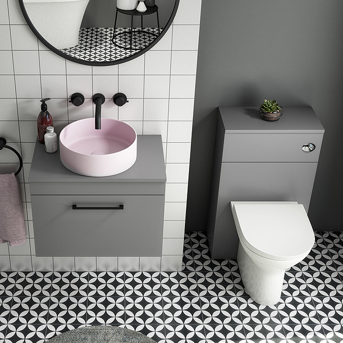 Arezzo 600 Grey Wall Hung Unit with Pink Round Counter Top Basin + Toilet Pack Large Image
