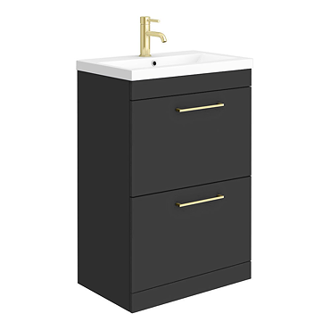 Arezzo 600 Matt Black Floor Standing 2-Drawers Vanity Unit with Brushed Brass Handles