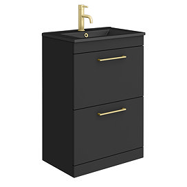 Arezzo 600 Matt Black Floor Standing 2-Drawer Vanity Unit with Matt Black Slimline Basin + Brushed Brass Handles