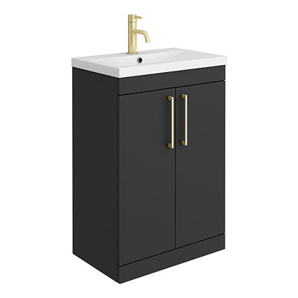 Arezzo 600 Matt Black Floor Standing Vanity Unit with Brushed Brass Handles Large Image