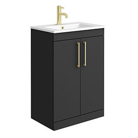 Arezzo 600 Matt Black Floor Standing Vanity Unit with Gloss White Slimline Basin + Brushed Brass Handles