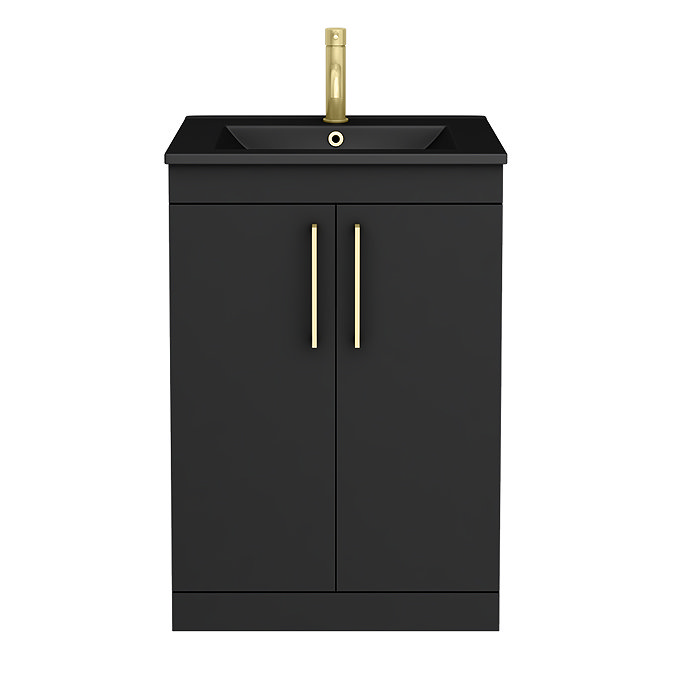 Arezzo 600 Matt Black Floor Standing Vanity Unit with Matt Black Slimline Basin + Brushed Brass Handles