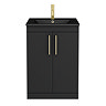 Arezzo 600 Matt Black Floor Standing Vanity Unit with Matt Black Slimline Basin + Brushed Brass Handles