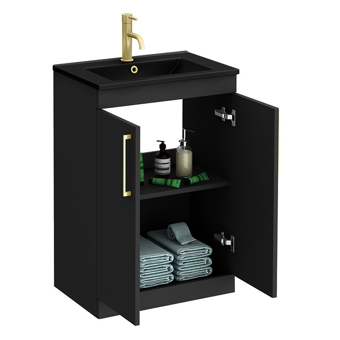 Arezzo 600 Matt Black Floor Standing Vanity Unit with Matt Black Slimline Basin + Brushed Brass Handles
