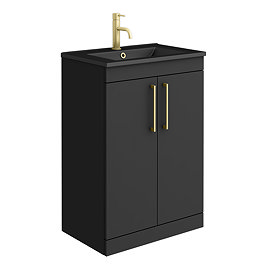 Arezzo 600mm Wide Matt Black Floor Standing Vanity Unit with Ceramic Matt Black Slimline Basin, Brushed Brass Overflow and Handles