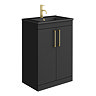 Arezzo 600mm Wide Matt Black Floor Standing Vanity Unit with Ceramic Matt Black Slimline Basin, Brushed Brass Overflow and Handles