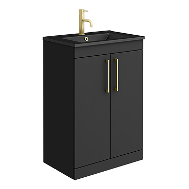 Arezzo 600 Matt Black Floor Standing Vanity Unit with Matt Black Slimline Basin + Brushed Brass Handles