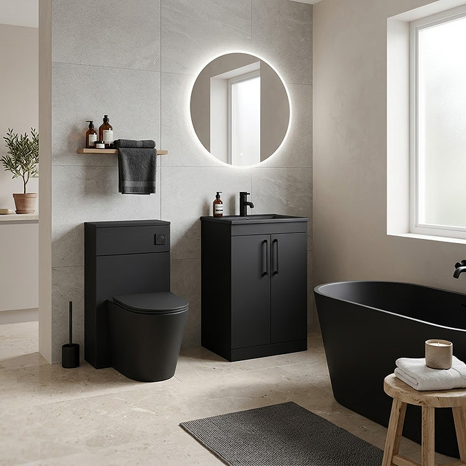 Arezzo 600 Matt Black Floor Standing Vanity Unit with Matt Black Slimline Basin + Handles