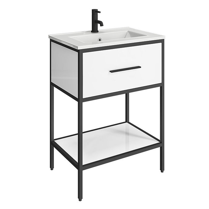 Arezzo 600 Matt Black Framed Vanity Unit with Ceramic Basin and Open Shelf  Profile Large Image