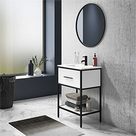 Arezzo 600 Matt Black Framed Vanity Unit with Ceramic Basin and Open Shelf Medium Image