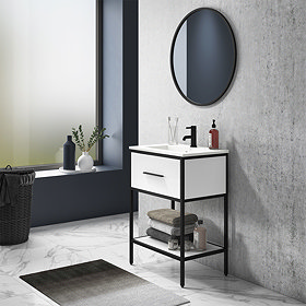 Arezzo 600 Matt Black Framed Vanity Unit with Ceramic Basin and Open Shelf Large Image